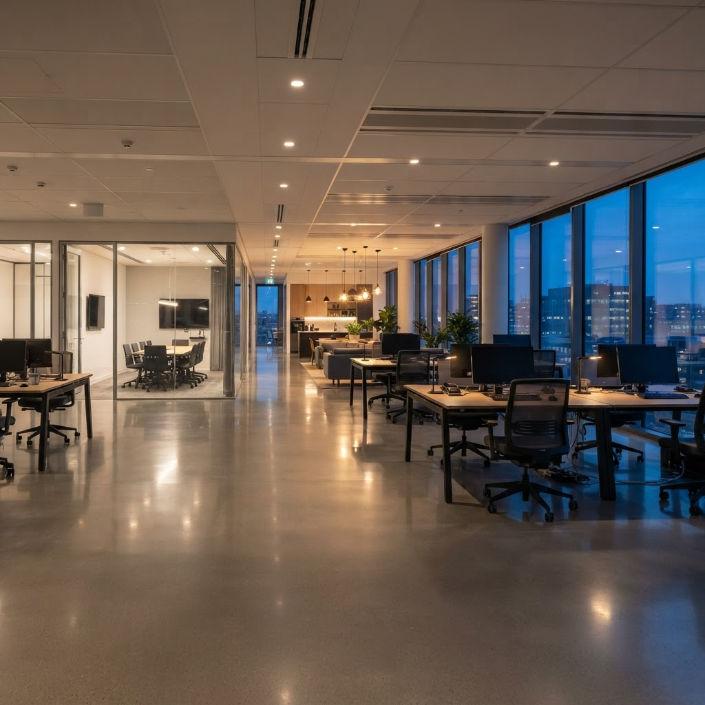 A spotless, freshly cleaned modern open-plan office at dusk