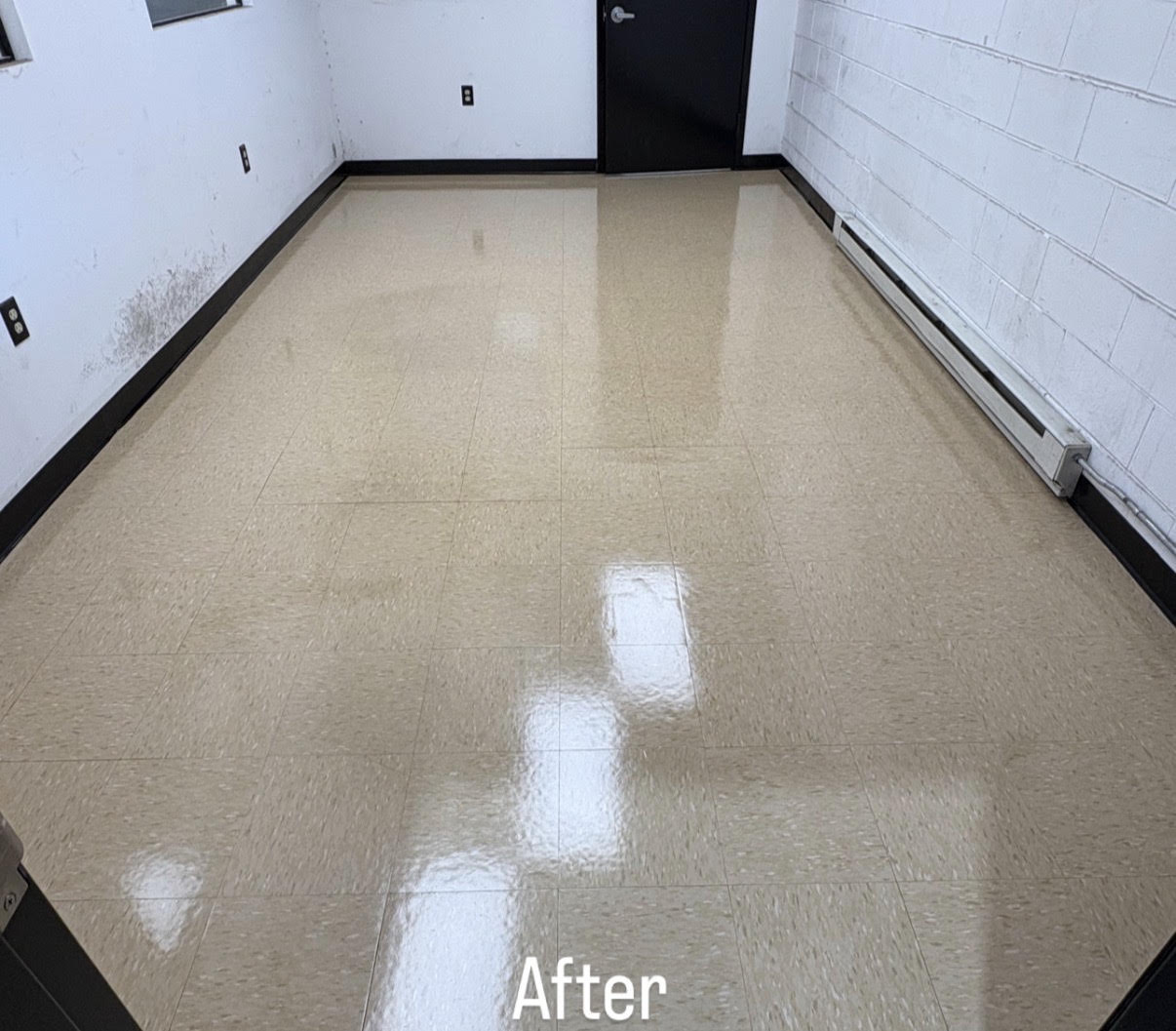 The same commercial tile floor restored to a clean, high-gloss finish after strip and seal