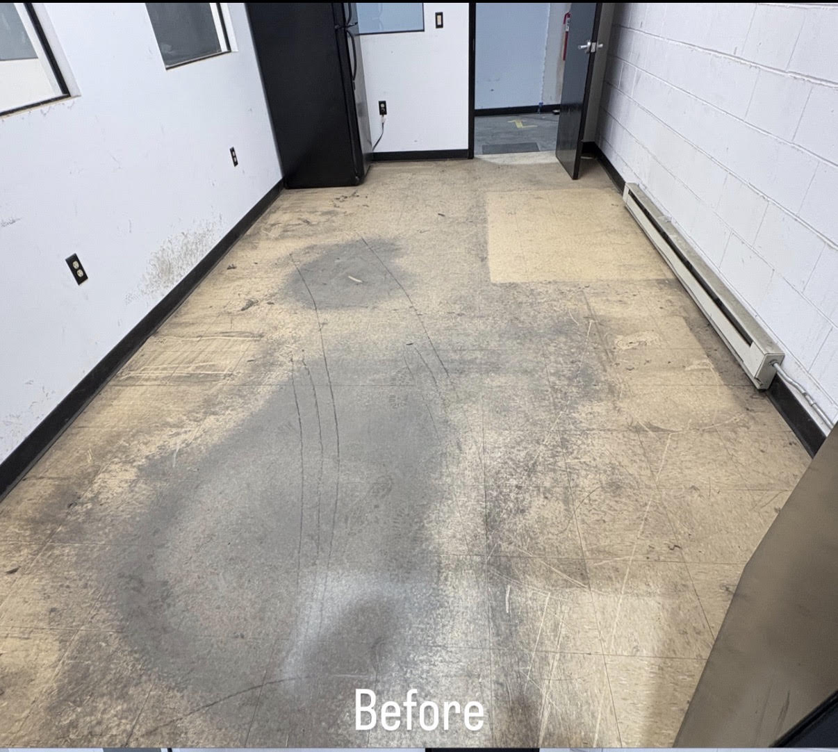 A dull, heavily scuffed commercial tile floor before Capital Maintenance strip and seal